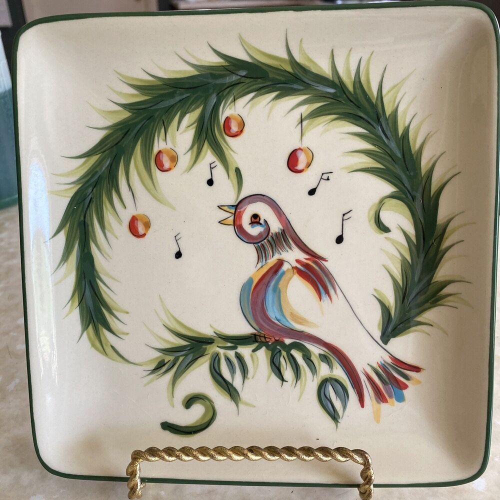 GAIL PITTMAN CHRISTMAS TRIMMINGS SQUARE SALAD PLATE - Four Calling Birds